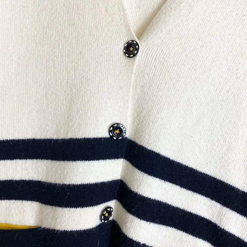 Anthro Angel of the North Varsity Cream Navy Wool Cotton Blend Stripe Cardigan